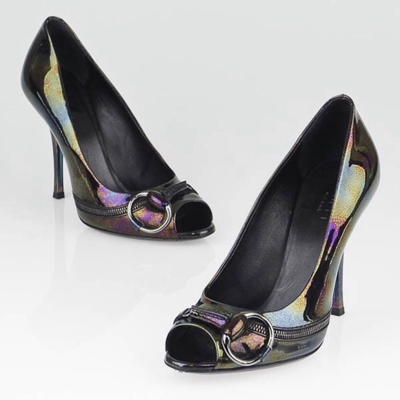 Auth Gucci Icon Bit Metallic Peep Toe Heels 38/8 - Picture 1 of 8